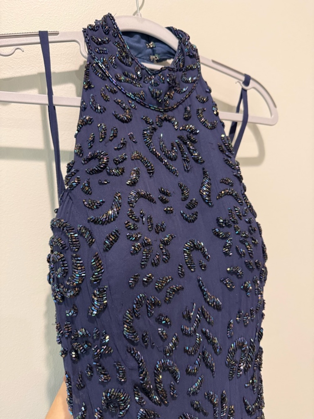 Vintage Sz 10 Intricately Beaded High Neck Halter Gala Gown- Navy- Mike Benet